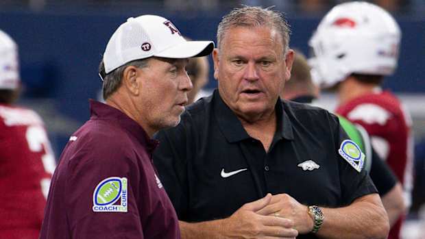 Razorbacks coach Sam Pittman with Texas A&M coach Jimbo Fisher before game against Texas A&M
